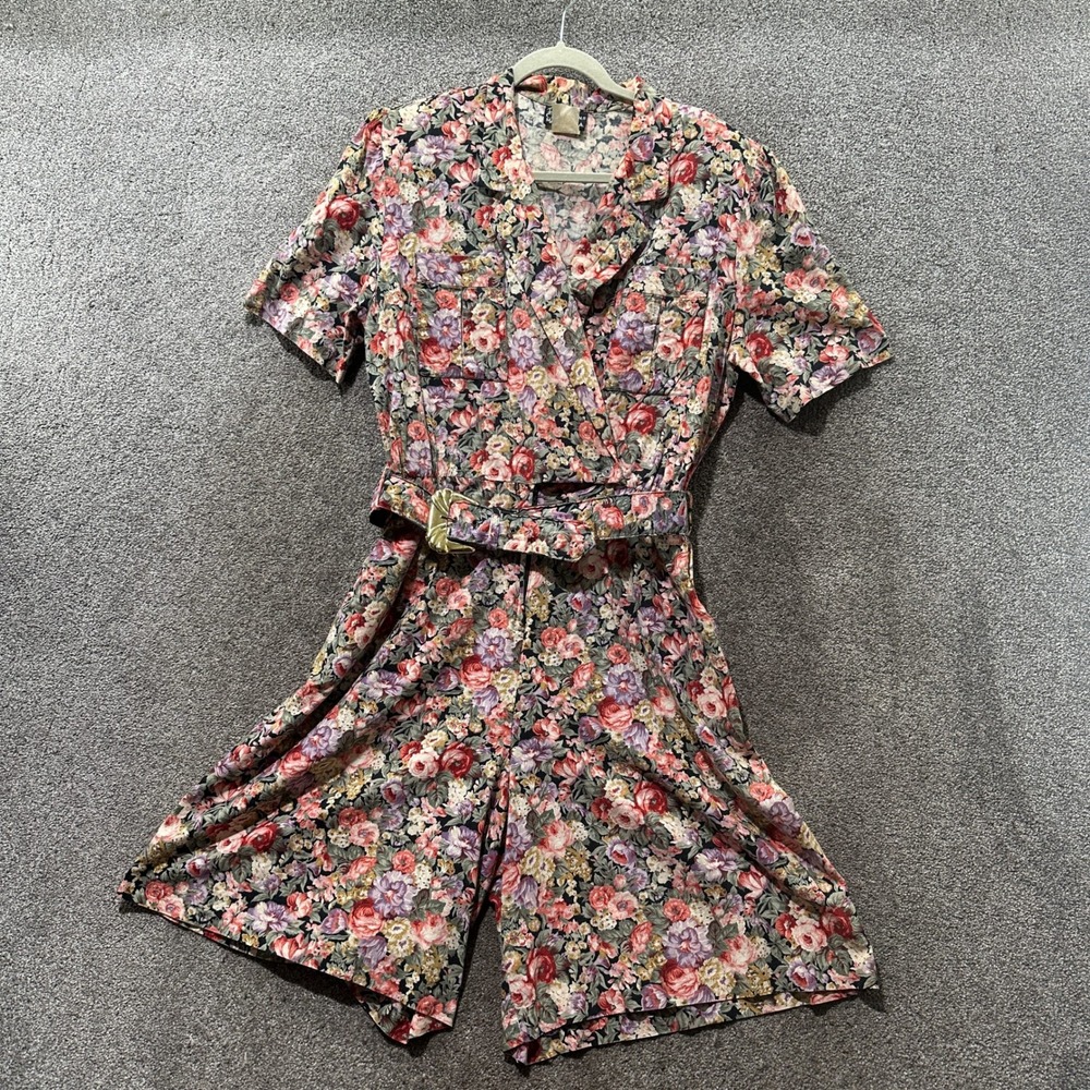 Vintage Breli Originals Floral Romper Jumpsuit 16 Belted Cotton Rayon USA Made